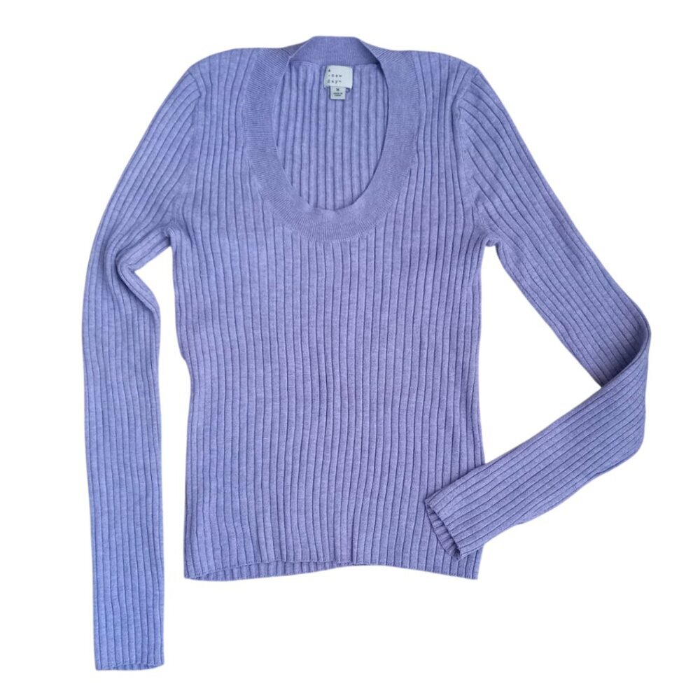 A New Day Lilac Ribbed Knit Women's Sweater – Long Sleeve Scoop Neck, Size M